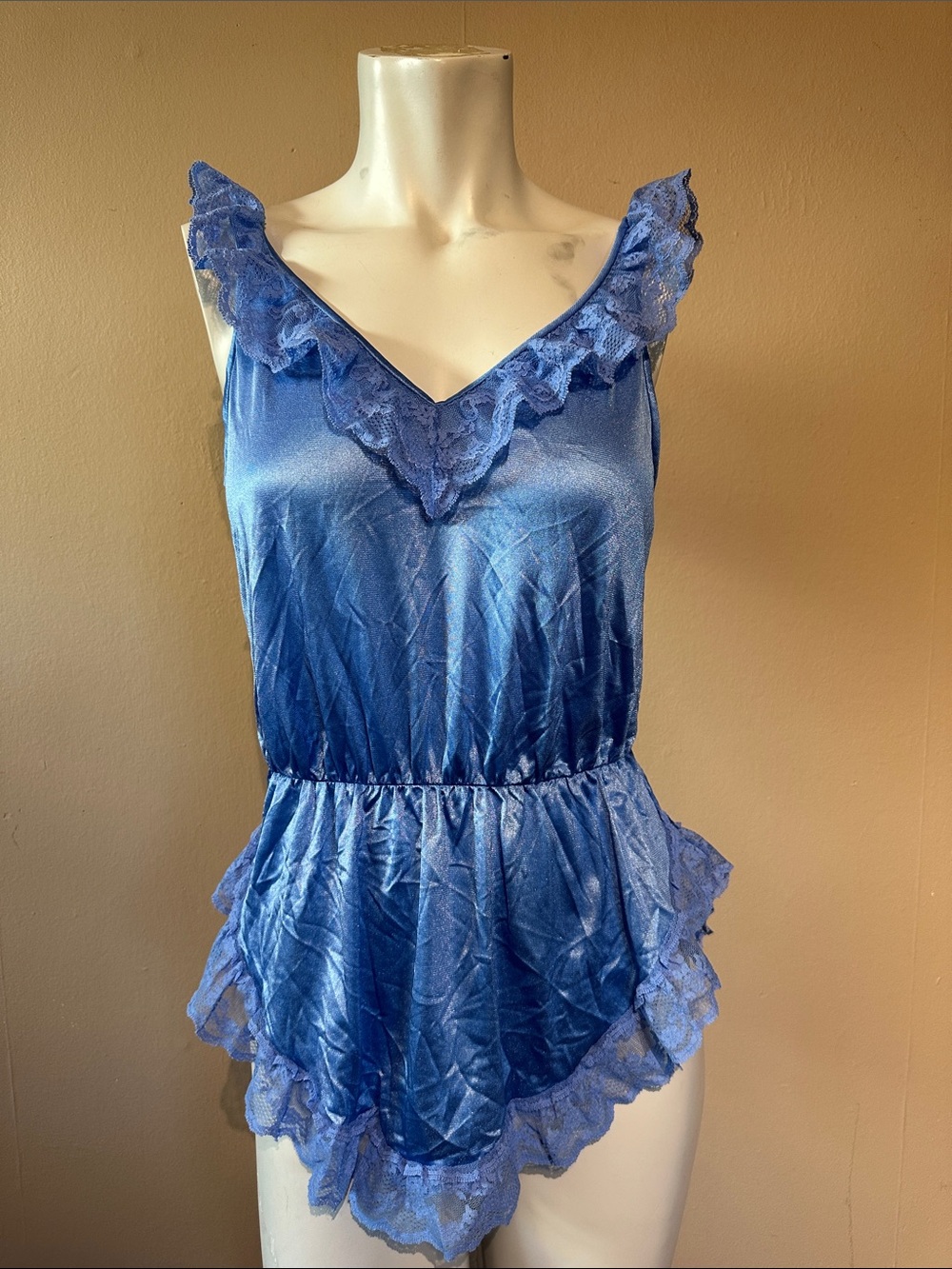 Vintage 1980s blue ruffle nighty lingerie shirt elastic waist